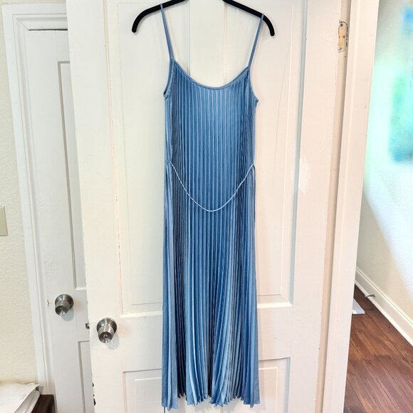 Vince sleeveless satin accordion pleated dress L spaghetti straps, waist tie - Picture 7 of 10